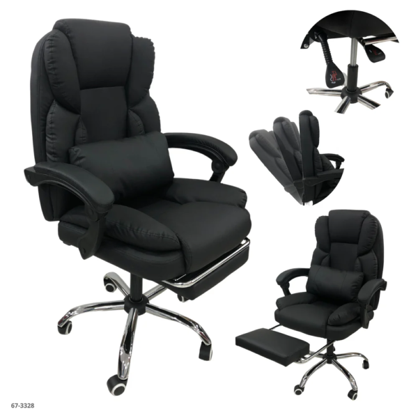 Silla de Oficina Cuerina Negra + Reposa Pies + Cojín