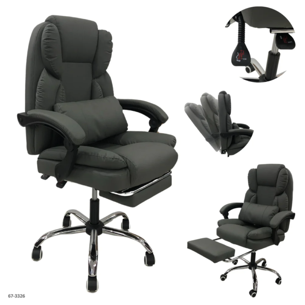 Silla de Oficina Cuerina Gris + Reposa Pies + Cojín